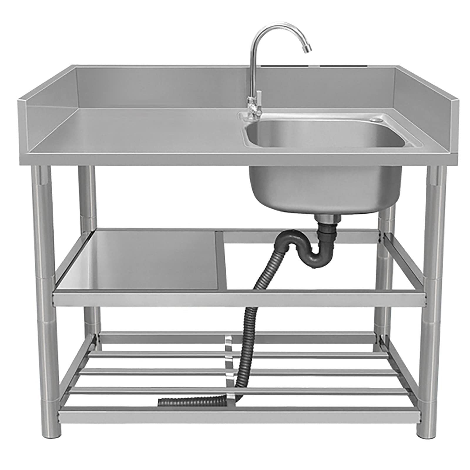 Évier de cuisine professionnel inox 80x50cm avec établi et double étagère de rangement