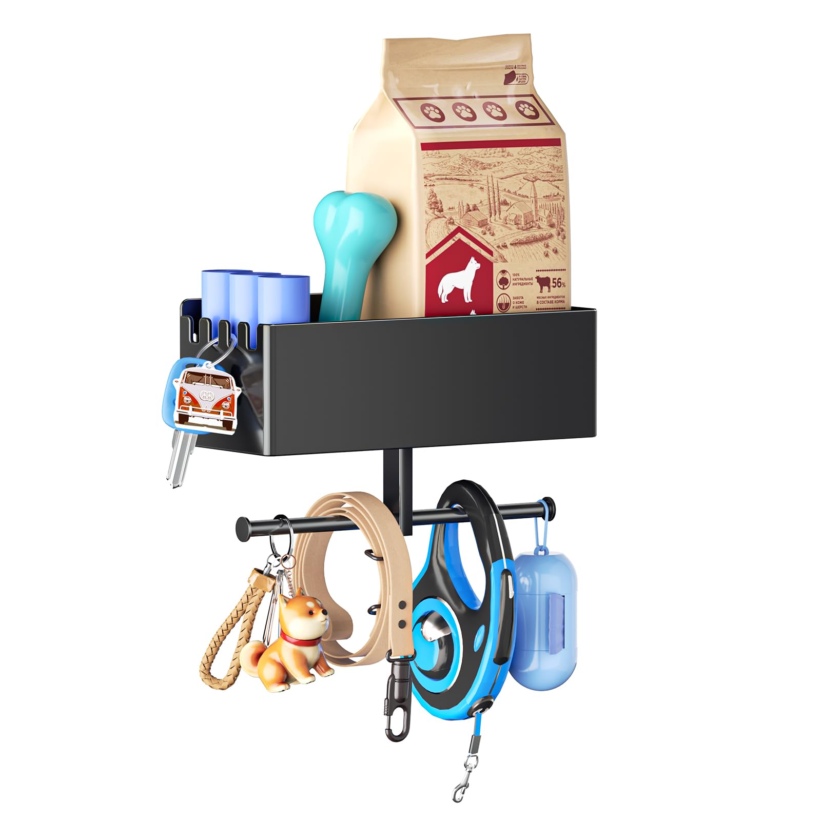 YYBO Hundegarderobe mit ablage, Hundeleinen Halterung Wand, Hunde Garderobe für Hundezubehör Hundeleine, Hundespielzeug & Halsband Aufbewahrung, Metall Schlüsselbrett (Schwarz)
