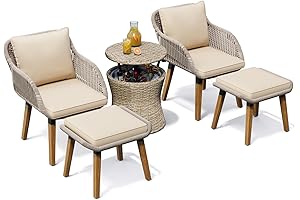 5 Pieces Outdoor Wicker Furniture Chair Set with Cooler Bar Table and Ottoman