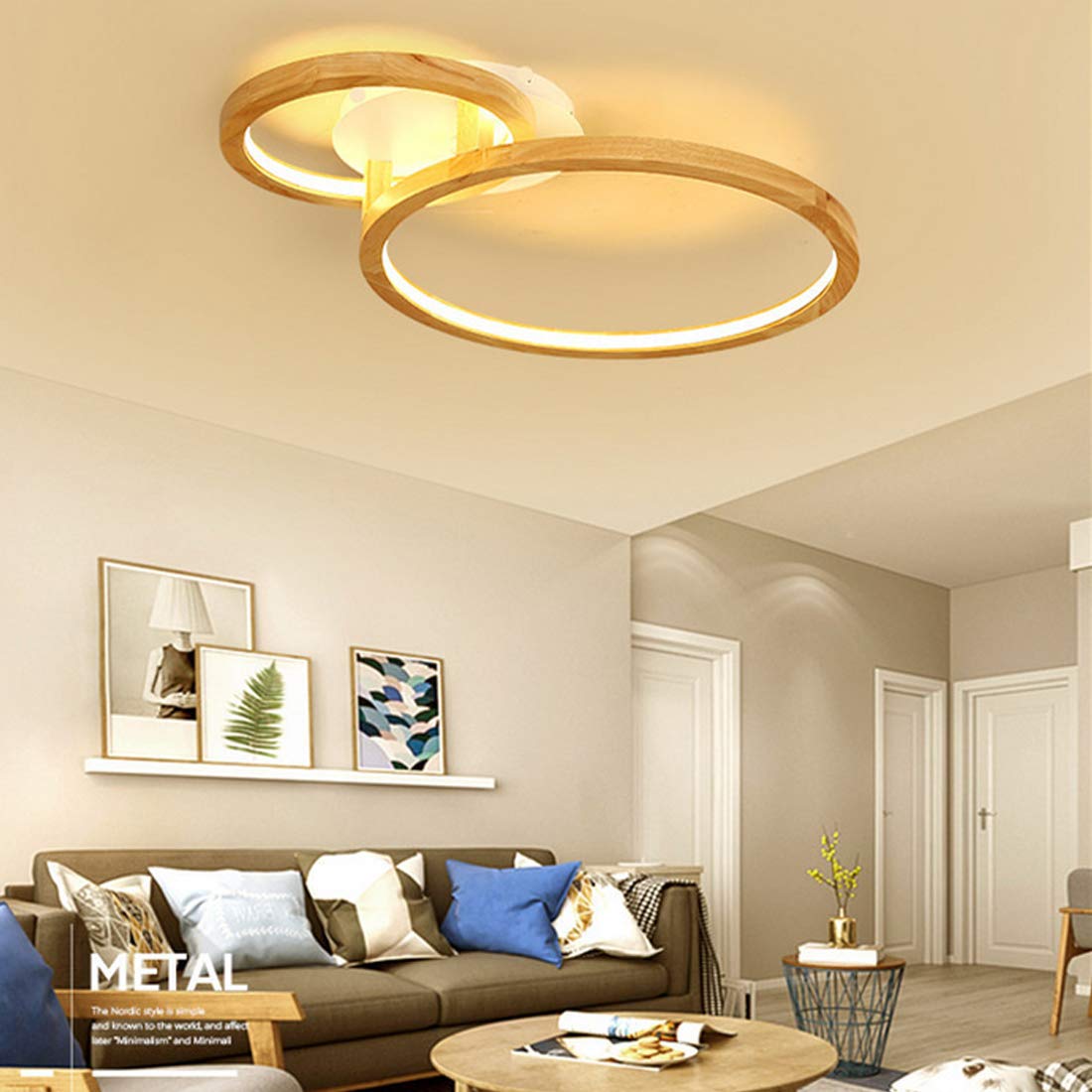 Etage LED-Deckenleuchte Holz, Deckenlampe Wohnzimmer mit Fernbedienung, Schlafzimmer Leuchte, 2-Flammig, Modern Designlampen, Ring Deko Acryl-Schirm, Holzlampe Dimmbar Inkl. Fernbedienung (Ø72*51cm)