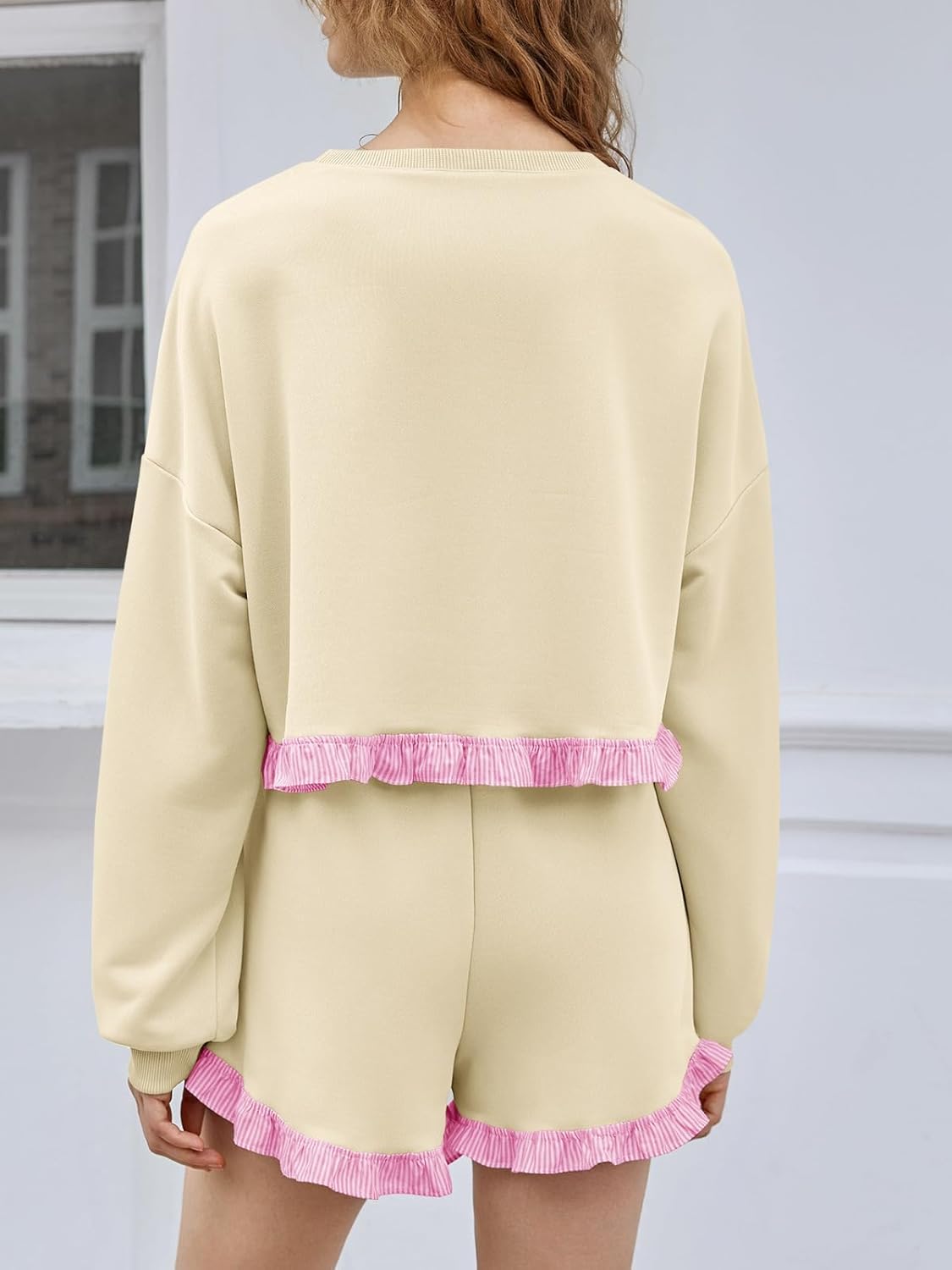 Fisoew Women's 2 Piece Lounge Sets Color Block Ruffle Cropped Sweatshirts Loose Drawstring Waist Shorts Sweatsuits - Image 3