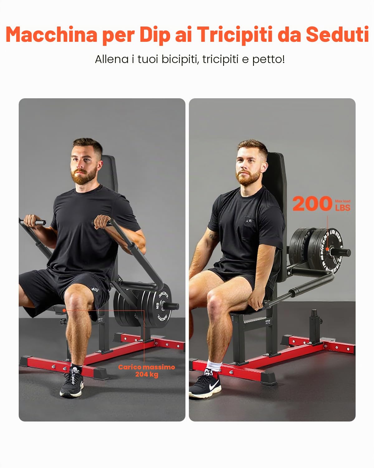 VEVOR Macchina per Dip Seduti, Supporta Fino 204,11 kg Macchina per Pressare Tricipiti e Bicipiti con Barra per Cavi, Sedile Schienale Regolabili, Attrezzatura per Esercizi per l'Allenamento di Torace