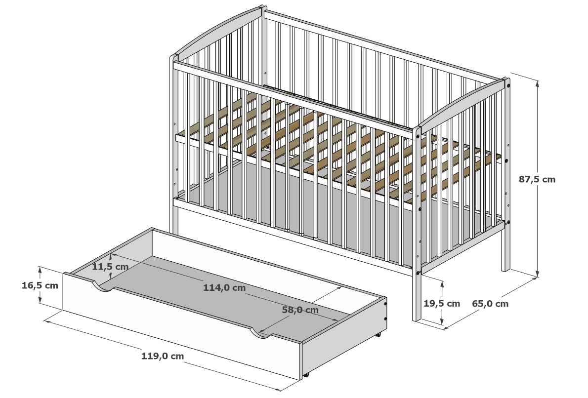 zee Cuna para Bebé 120 x 60 cm Blanca con Cajón y Barandilla de Seguridad Altura Ajustable en 3 Niveles Cuna Infantil de Madera de Pino