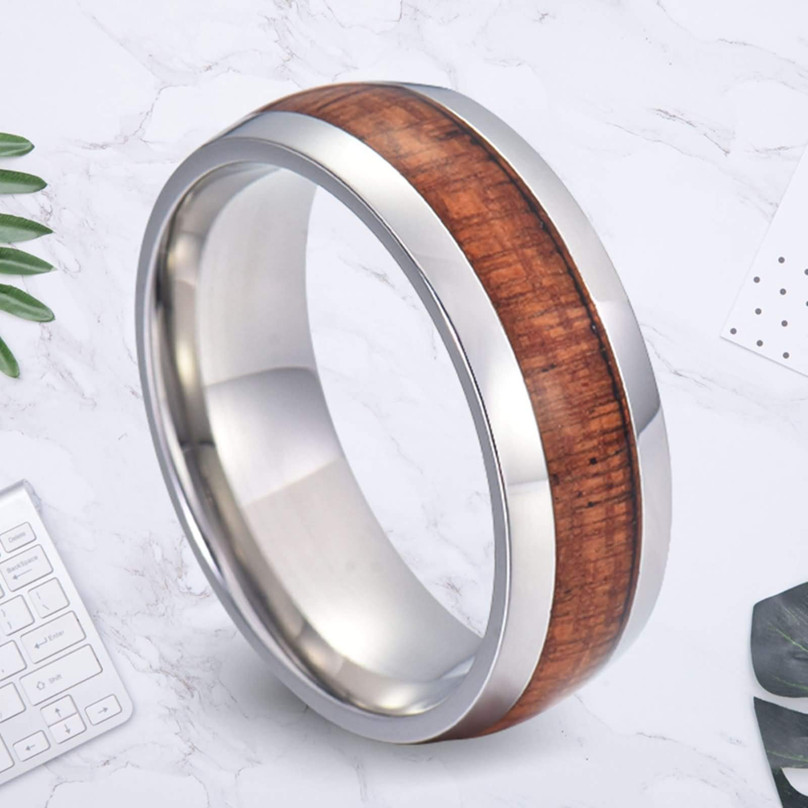 Anello Uomo Tungsteno Anelli Intarsiato con Venatura del Legno FEDI Nuziali Comfort Fit Anello Uomo con Incisione 8MM Anello Tungsteno Argento Marrone Misura 12-31