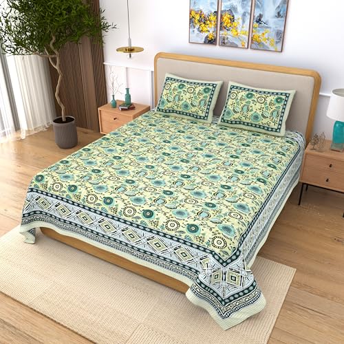 Image of India 100% Pure Cotton Jaipuri Printed Double Bedsheet with 2 Pillow Covers | Traditional Sanganeri Floral Design | Soft Breathable Fabric | King Size Bedsheet for Bedroom (Kaya54)