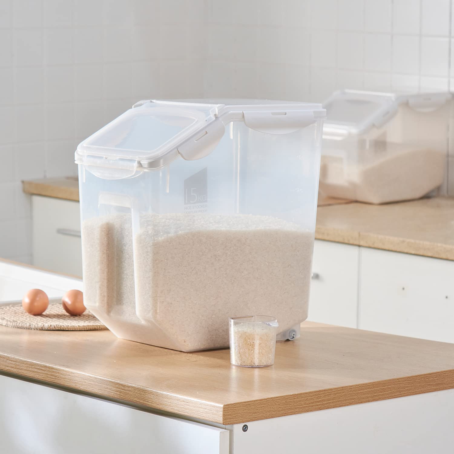 HANAMYA Contenedor de almacenamiento de alimentos con taza medidora, sin BPA, 80 tazas, para arroz, grano, comida para mascotas, harina, transparente, 2 unidades