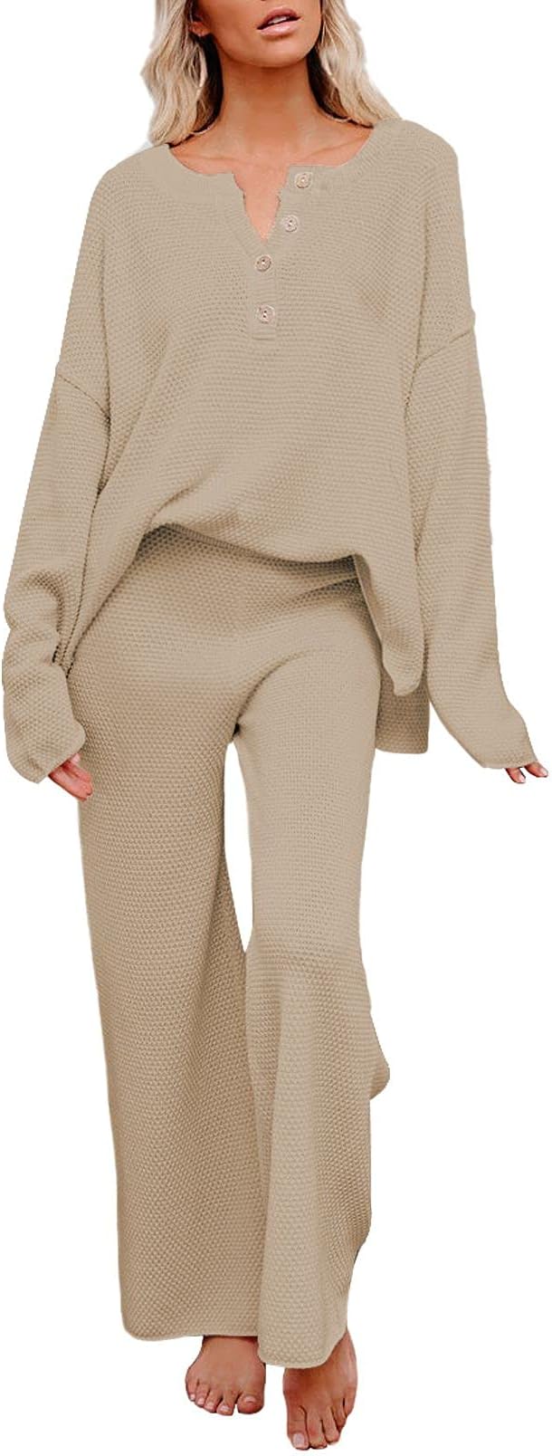 Pink Queen Women's 2 Piece Fall Outfit Lounge Set Long Sleeve Button Pullover Sweater Matching Wide Leg Pants Knit Sweatsuit