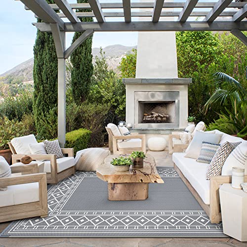 Image of GENIMO Outdoor Rug 5' x 8' Waterproof for Patios Clearance, Reversible Outdoor Plastic Straw Area Rug Outside Carpet, Large Camping Rug Mats for RV, Backyard, Deck, Balcony, Porch, Picnic, Grey&White