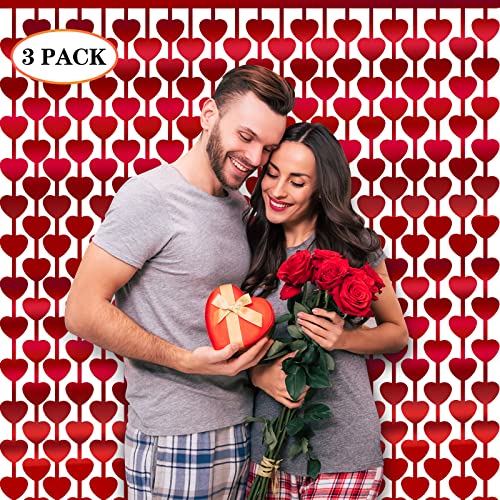 Image of LOLStar 3 Pack Valentines Decorations,Valentines Party Decoration,3.3x6.6ft Red Heart Shape Tinsel Foil Fringe Curtain Valentines Photo Backdrop,Streamer Backdrop for Birthday,Engagement,Wedding