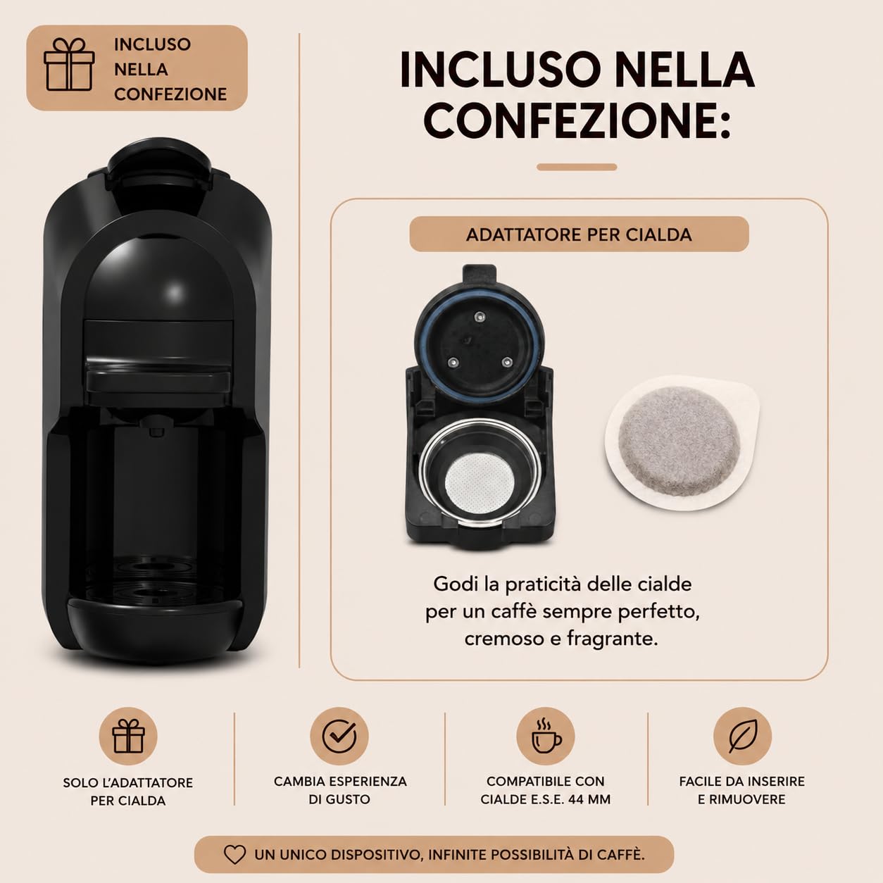 DIGIQUEST Cafetera multifunción COFFY | Módulo cápsula incluido | Café corto y largo | Potencia 1450 W | 0,6 litros | 19 bares | Adecuado para todos los gustos (COFFY_CIALDA)