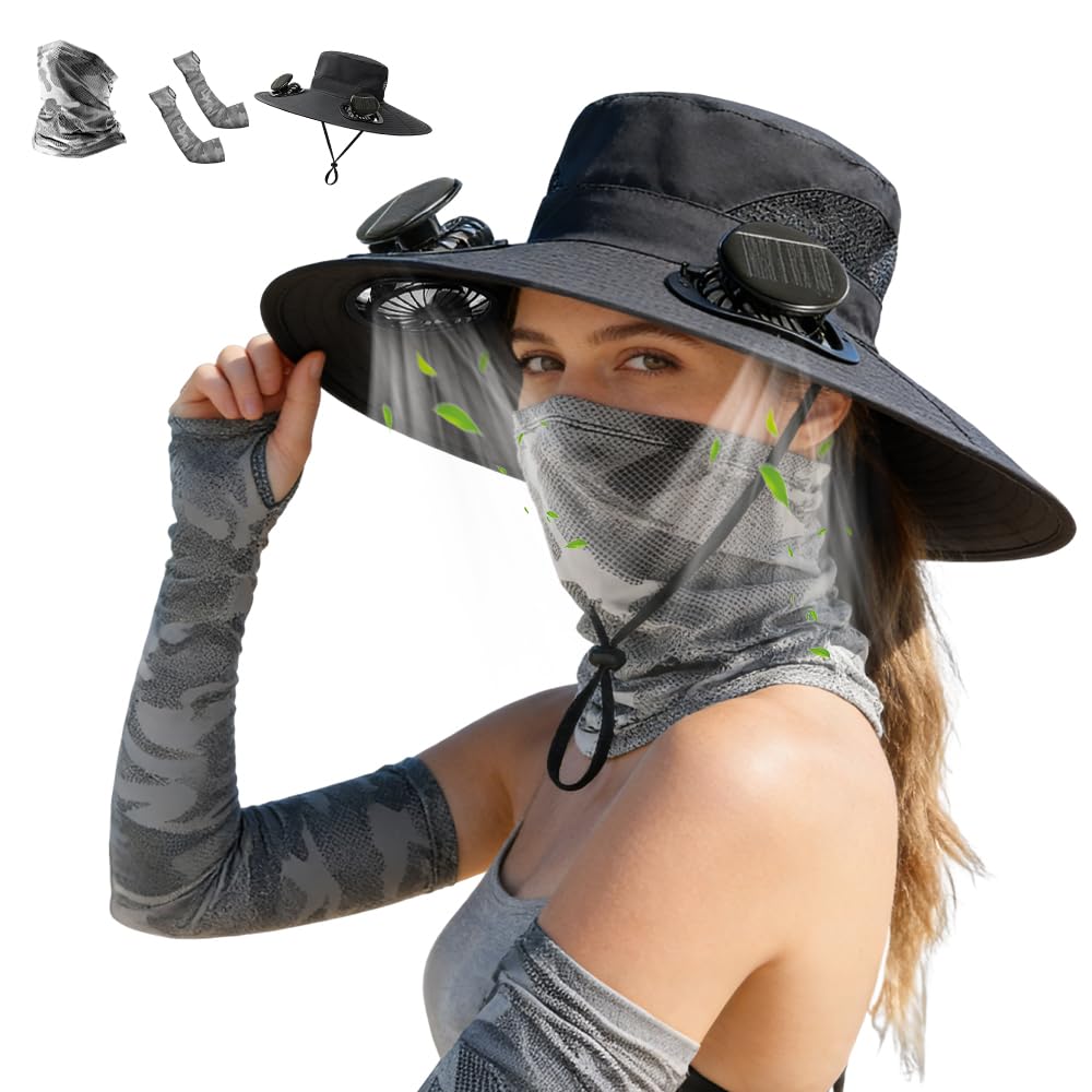 Solar Fan Hat, Outdoor Wide Brim Sun Hat with Fan Built In, 3 Adjustable Wind Speeds, Solar & USB Charging Power Cooling Hat with Fan for Hiking Camping Fishing Mountaineering, Summer UV Protection