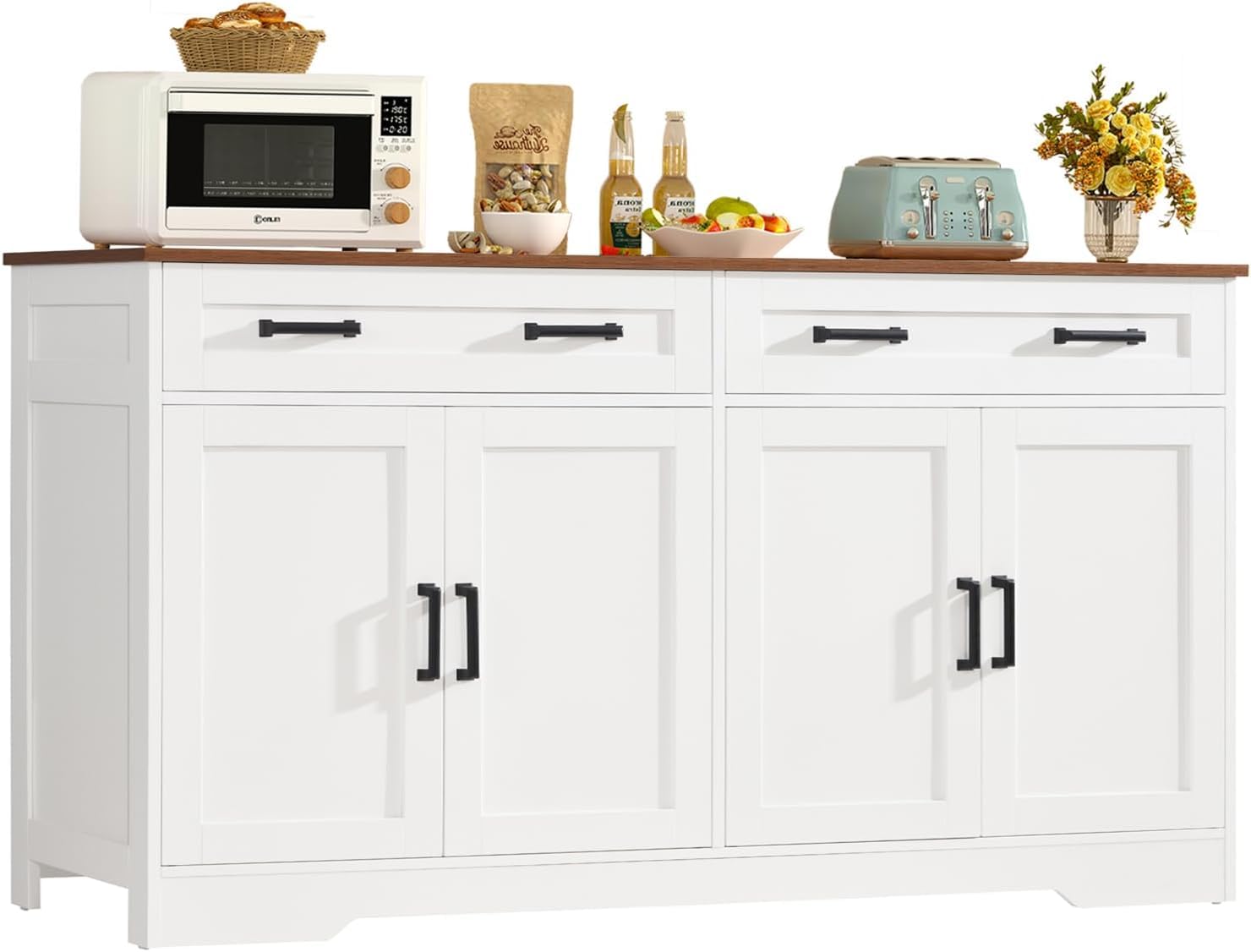 White usikey buffet cabinet with a brown top, two drawers, and four cabinet doors, styled in a kitchen setting.