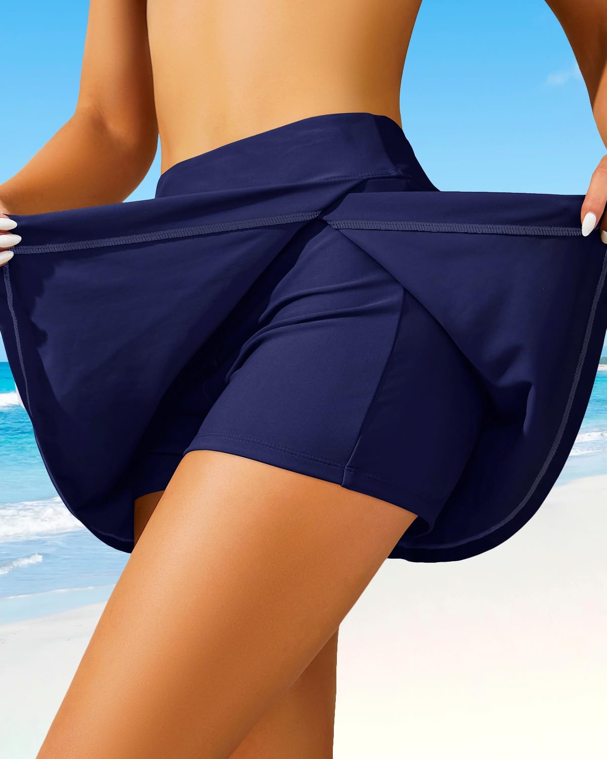 Aqua Eve Jupe de bain gainante pour femmes, jupe fendue avec short intégré, taille haute, bleu marine, Taille M