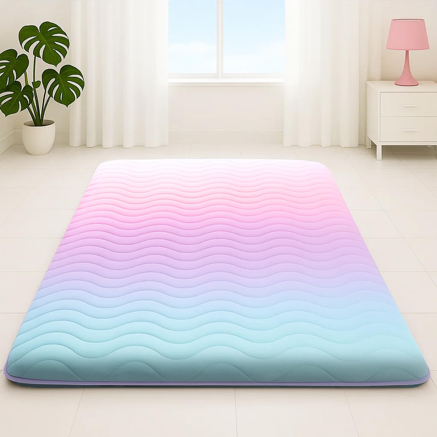 Japanese Floor Futon Mattress, 3.5" Thicken Colorful Rainbow Portable Floor Mattress, High-Density Foam Tatami Mat Sleeping Pad for Camping Guest Room Dormitory RV, Twin