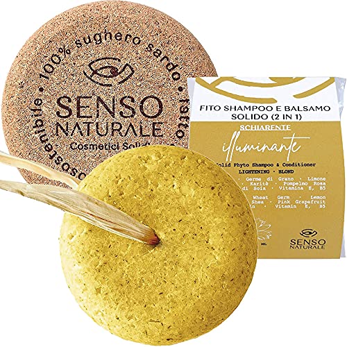 Senso Naturale Shampoo Balsamo Solide illumination Écologique et Vegano - cheveux éteints - éclaircit avec reflets dorés - camomille et curcuma - 100 % naturel - ph 4.5 - 5.0 avec Liège Cover