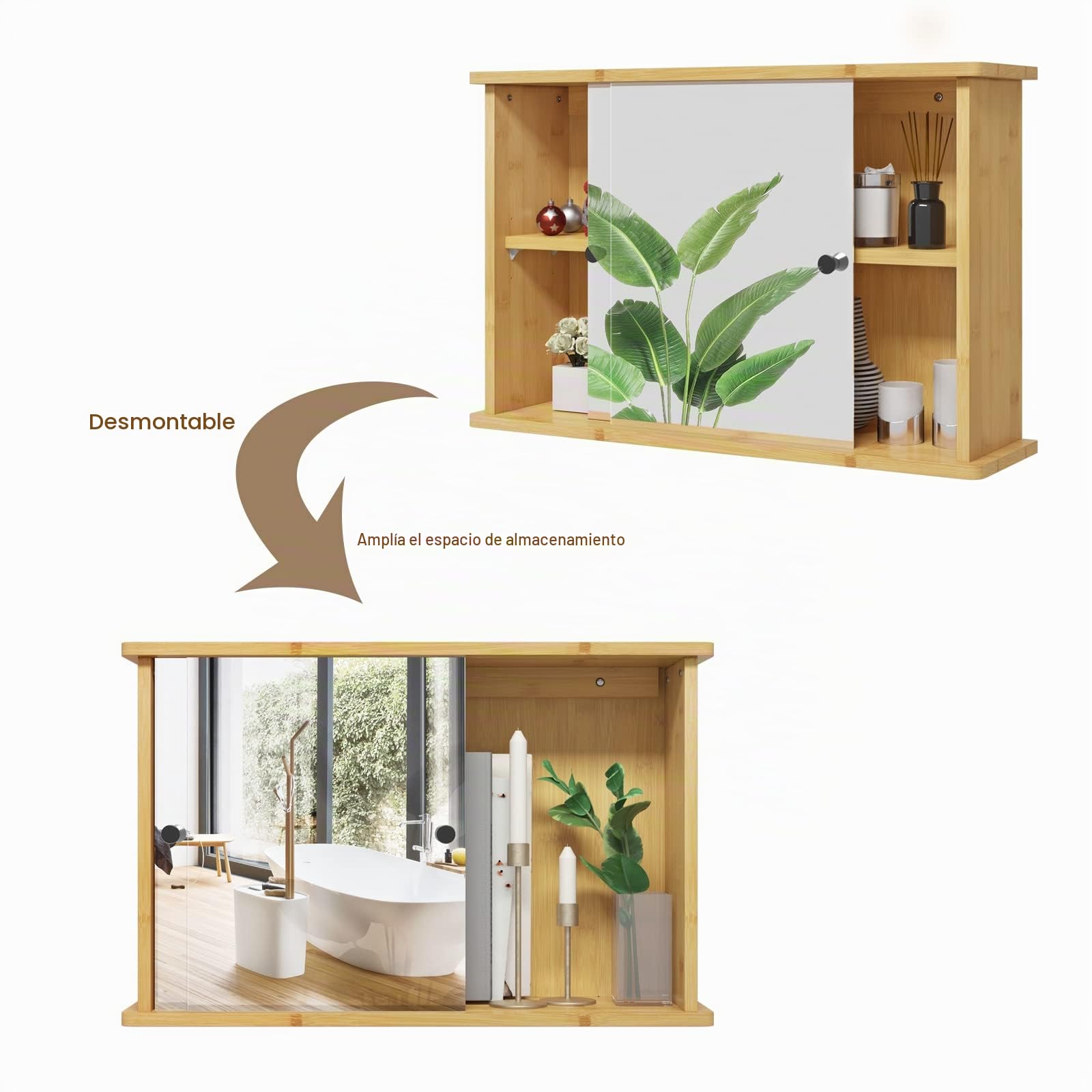 EUGAD Armario de Pared para Baño con 2 Estantes Interiores, Mueble Baño de Bambú, con Espejo y Estante Ajustable para Almacenamiento, Cocina y Dormitorio, 55x14x35,5 cm