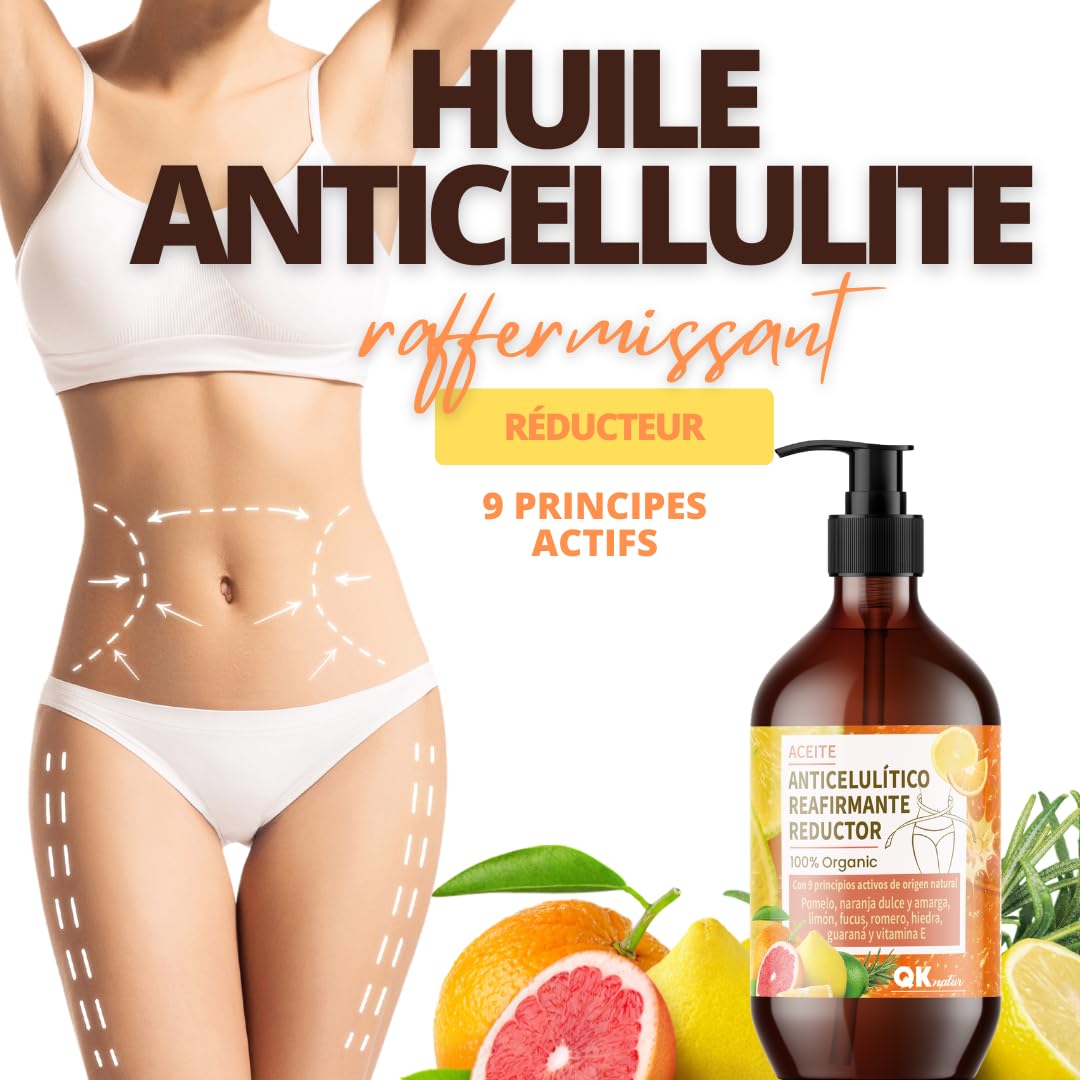 QKnatur - Huile Anti-Cellulite Raffermissante et Réductrice (250 ml). Aux 9 Principes Actifs d'Origine Naturelle pour le massage Anti-Cellulite Maderothérapie