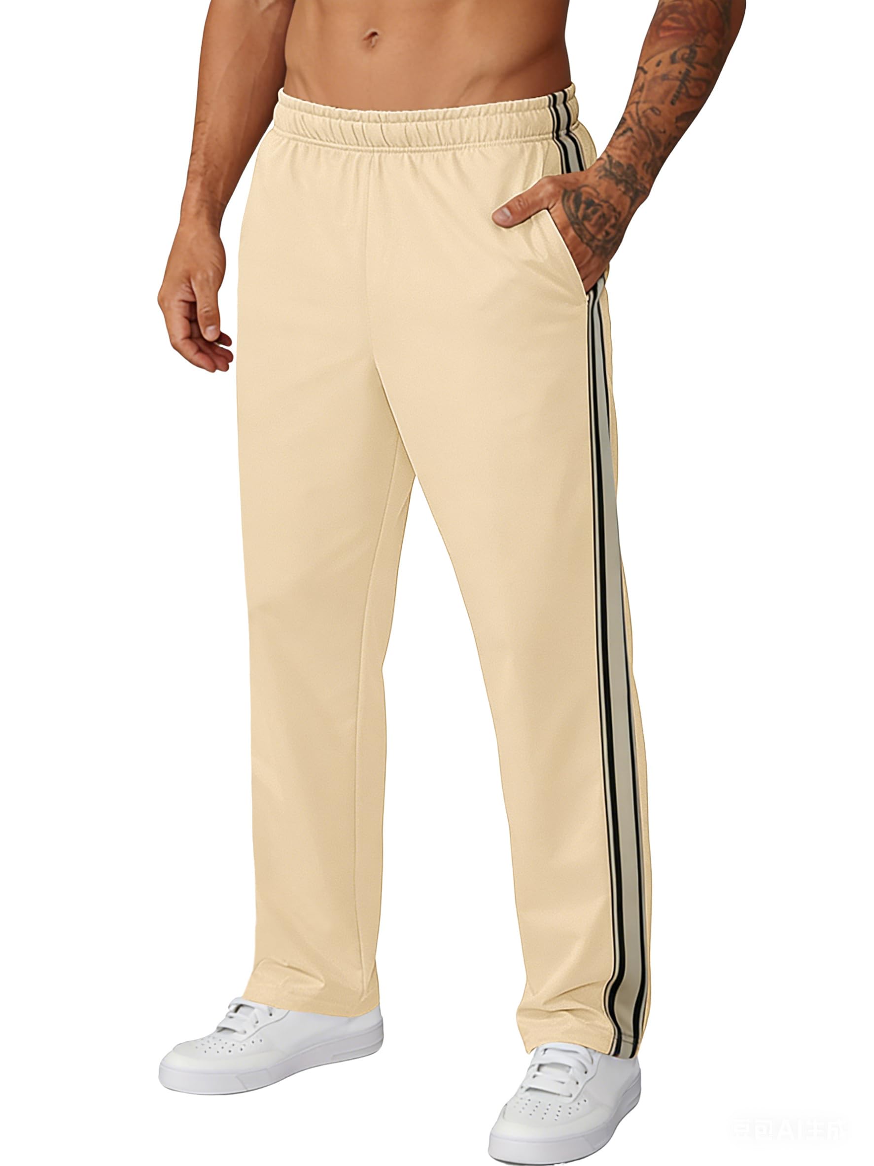 QOSOQ Mens Casual Sweatpants Lightweight Pants Drawstring Waist Workout Striped