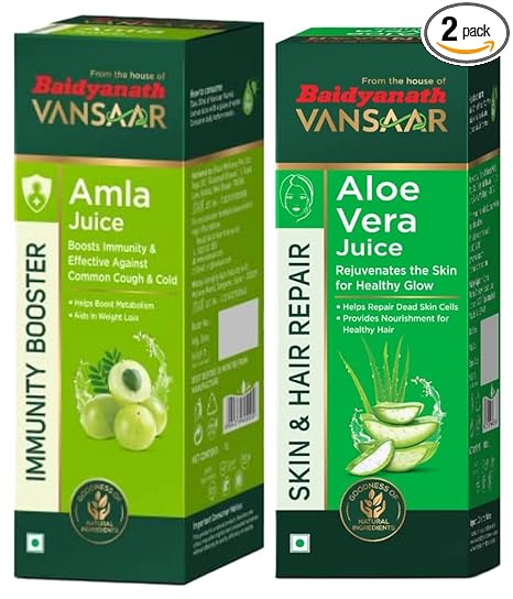 Vansaar Aloe Vera Juice + Amla Juice, 1L + 1L| For Holistic Skin & Hair care | Reduce Hair Fall | Improves Skin Health | Helps Manage Weight | Builds immunity | 100% Ayurveda