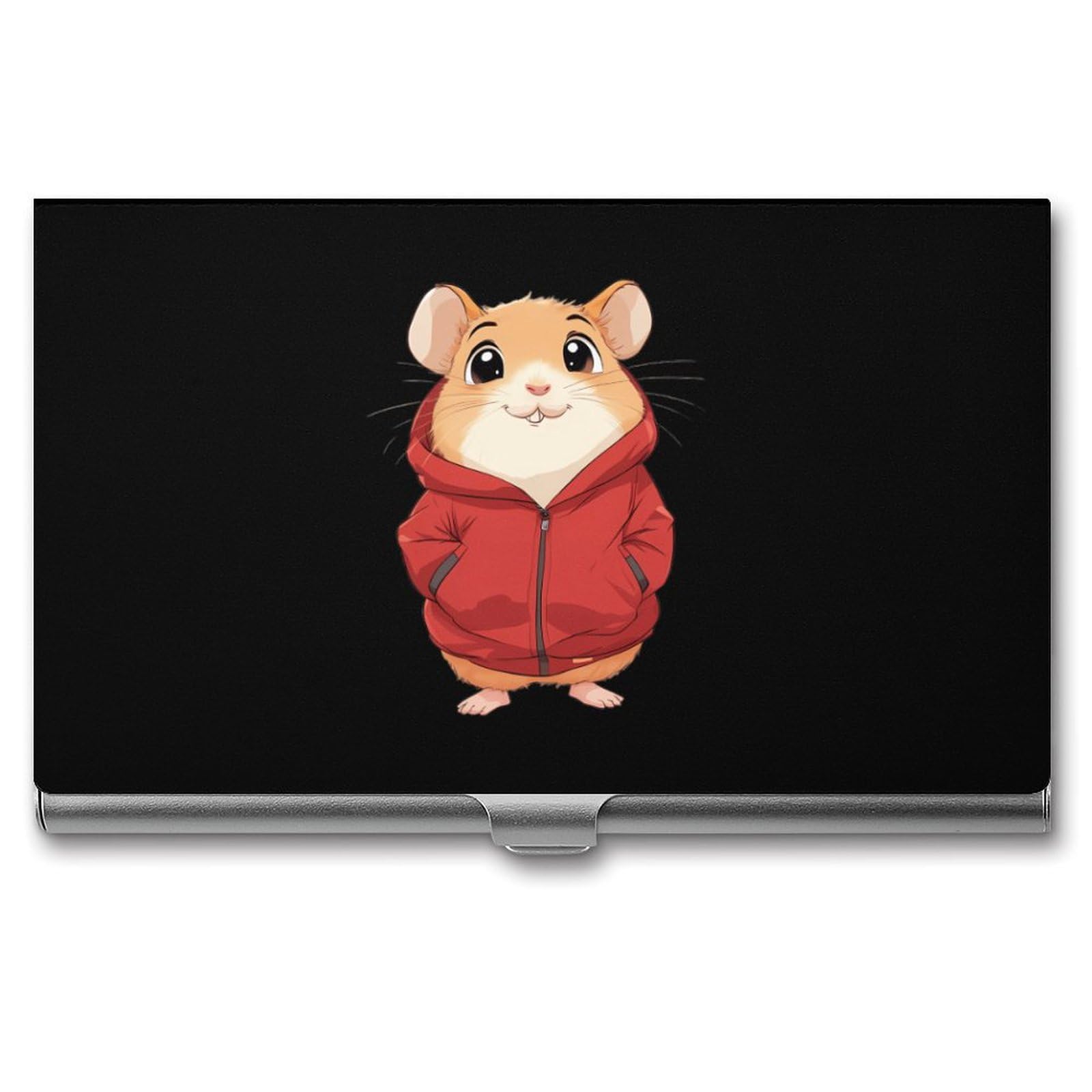 Hamster Wearing A Red Jacket Slim Business Card Holder Wallet for Men & Women Pocket Metal Case 3.7x2.2x0.3 Inches
