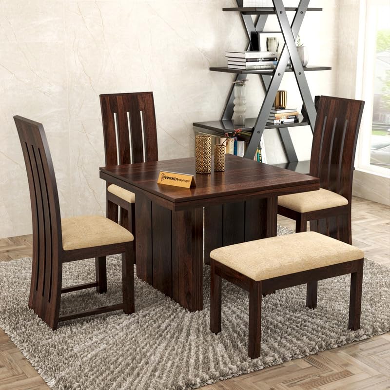 Image of Solid Sheesham Wood Dining Room Sets 4 Seater Dining Table with 3 Chairs & 1 Bench for Dining Room, Living Room, Kitchen, Hotel, Restaurant, Cafeteria (Estra, Walnut Finish)