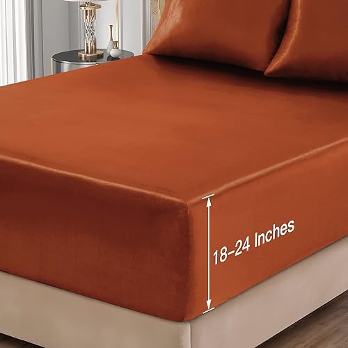 Miniatura 6 de VACVELT Juego de sábanas de satén, 4 piezas, tamaño Queen, con bolsillo extraprofundo, color naranja quemado, juego de sábanas de satén para