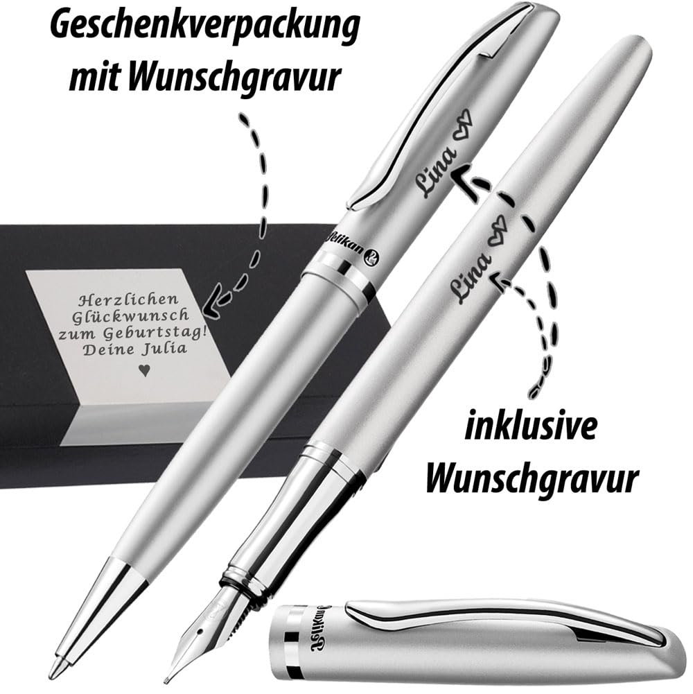 Pelikan - Kugelschreiber und Füller im Set Farbe Silbermatt mit Gravur als Geschenk & Wunschsymbol Geschenkverpackung Schreibgeräte-Set Jazz Elegance Silber 1 Kugelschreiber1 Füllhalter PS61