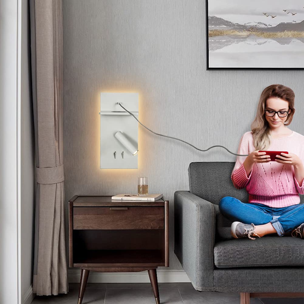 Kinkiet LED 6W z przełącznikiem i funkcją ładowania USB, wewnętrzne białe światło, obracana i regulowana, lampka nocna / do czytania, półka, oświetlenie do cha