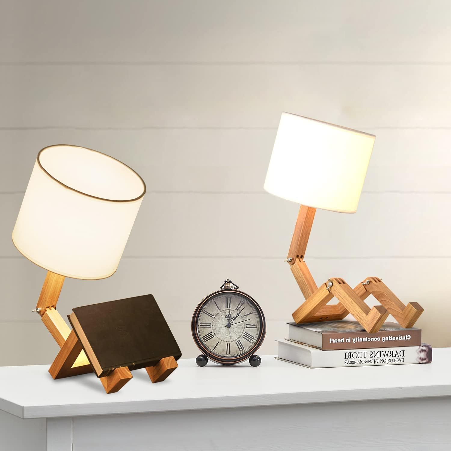Lampada da Tavolo Robot Creativo 2pcs Set, Lampada da Comodino in Legno Regolabile con Paralume in Tessuto E27 Vite, Adatto per Bambini Camera da Letto Ufficio Soggiorno Illuminazione