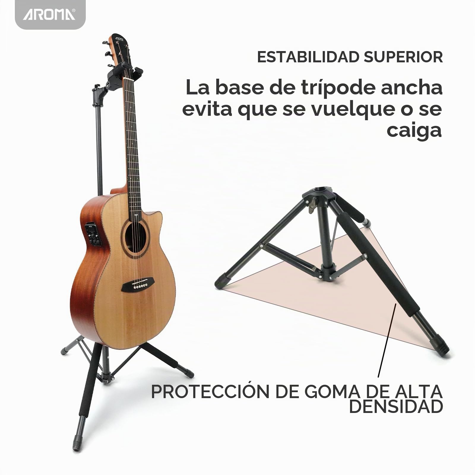 AROMA Soporte de Bajo Universal para Guitarras Acústicas, Eléctricas y Clásicas Soporte de Suelo Plegable con Sujeción Automática del Mástil, Trípode Sólido y Ajuste con un Solo Botón