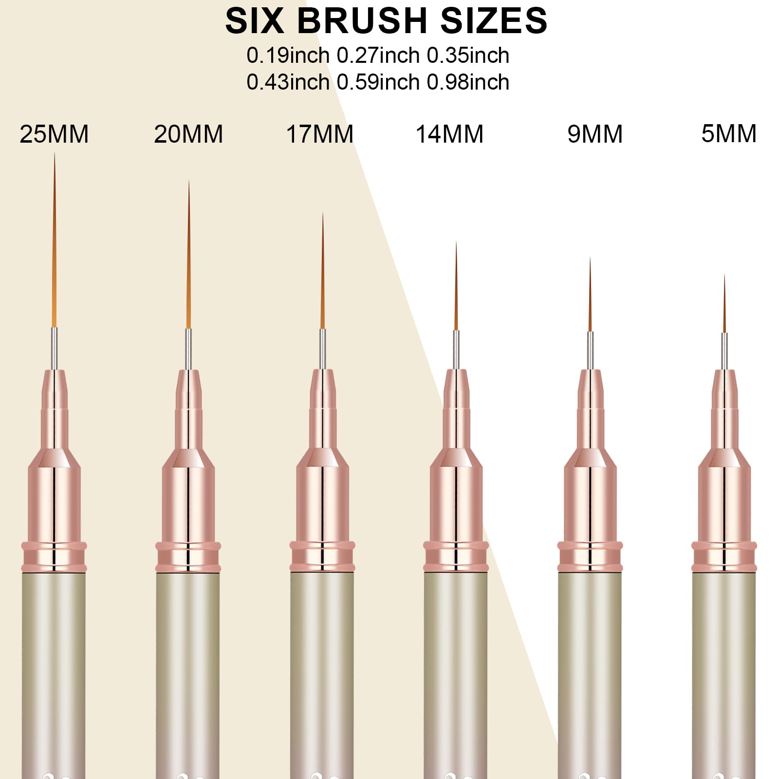 KEMEISI 6Pcs Nail Art Liner Brushes, Striping Nail Art Brush for Gel Polish Painting, Thin Detail Brush Fine Drawing Art Design Pen Size 5/7/9/11/15/25mm
