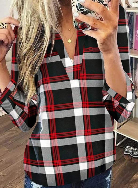Image of Dokotoo Womens Tops Plaid Cotton Cuffed 3 /4 Sleeve Shirts Blouses