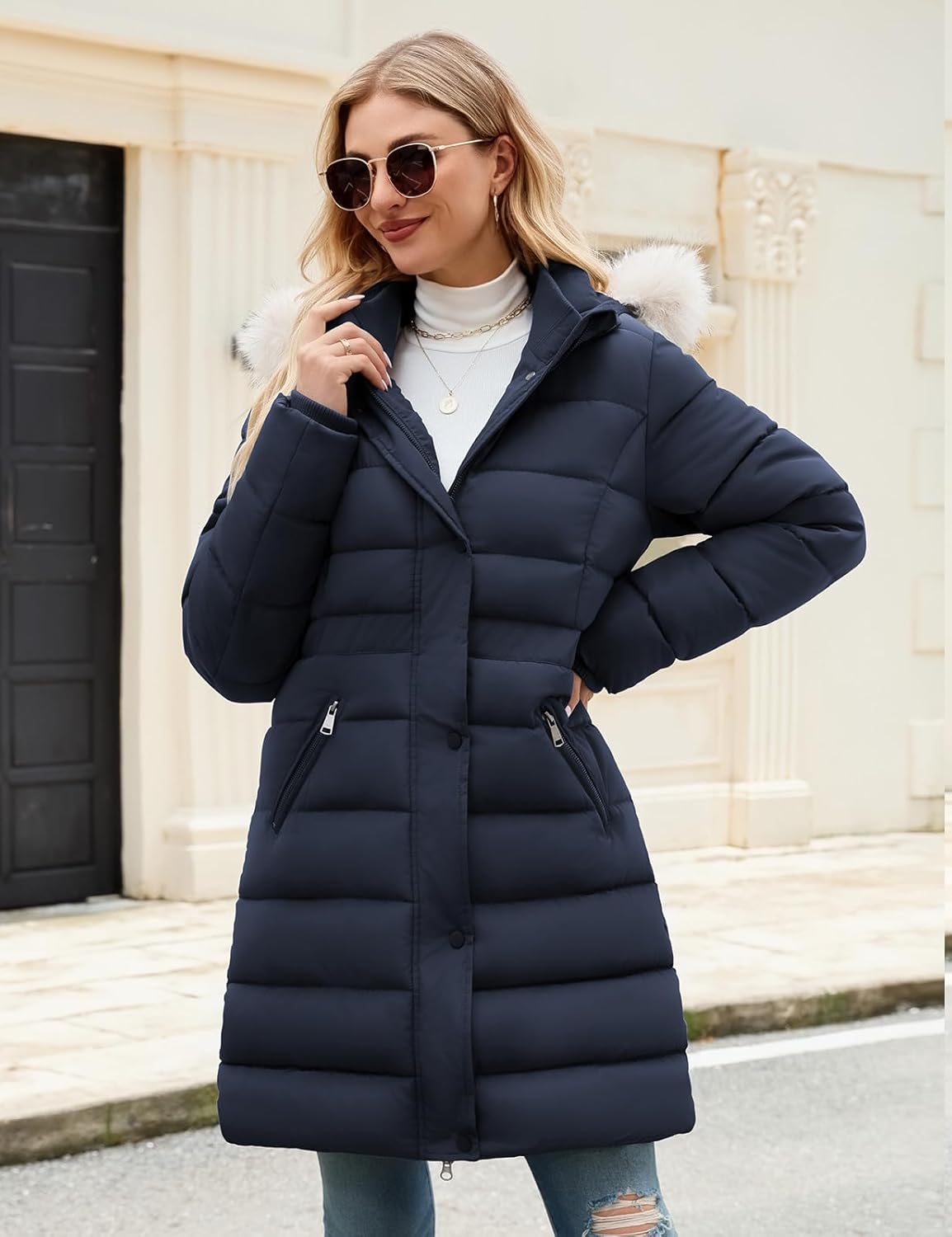 Women's Winter Thicken Fleece Lined Puffer Coat Mid-Length Down Jacket with Removable Faux Fur Hood, Warm Snow Parka - Image 7