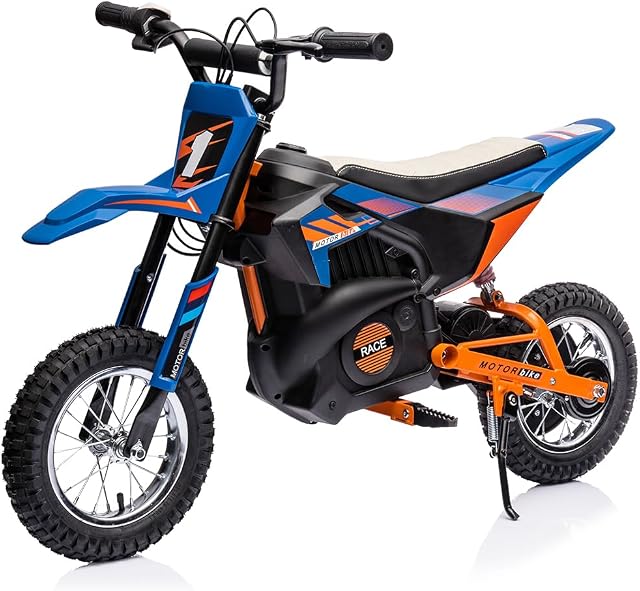 24V Electric Off-Road Motorcycle,250W Motor 13.6MPH Fast Speed Motocross,Leather Seat Dirt Bike,Twist Grip Throttle,Metal Suspension,Air-Filled Tires,for Kids Teens Age 13+ (Blue)