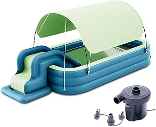 Ergocar Aufblasbarer Pool, Aufblasbarer Kinderpool mit Rutsche, Aufblasbares Planschbecken für Kinder mit Markise, Family Pool Schwimmbecken für Kleinkinder Outdoor, Garten, Hinterhof