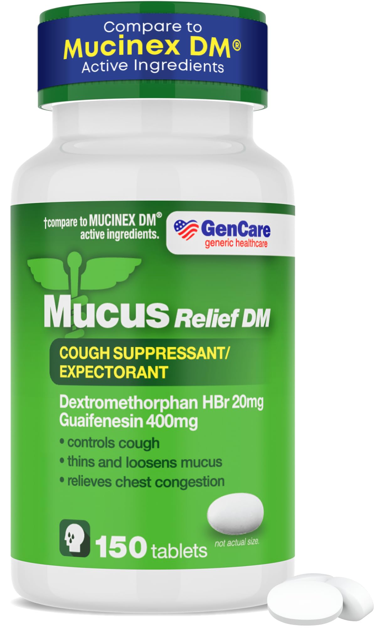 Mucus Relief DM (150 Count Value Bottle) Dextromethorphan HBr 20mg Guaifenesin 400mg | Generic Mucus Relief DM | Immediate Release Uncoated Cough & Mucus Expectorant Pill