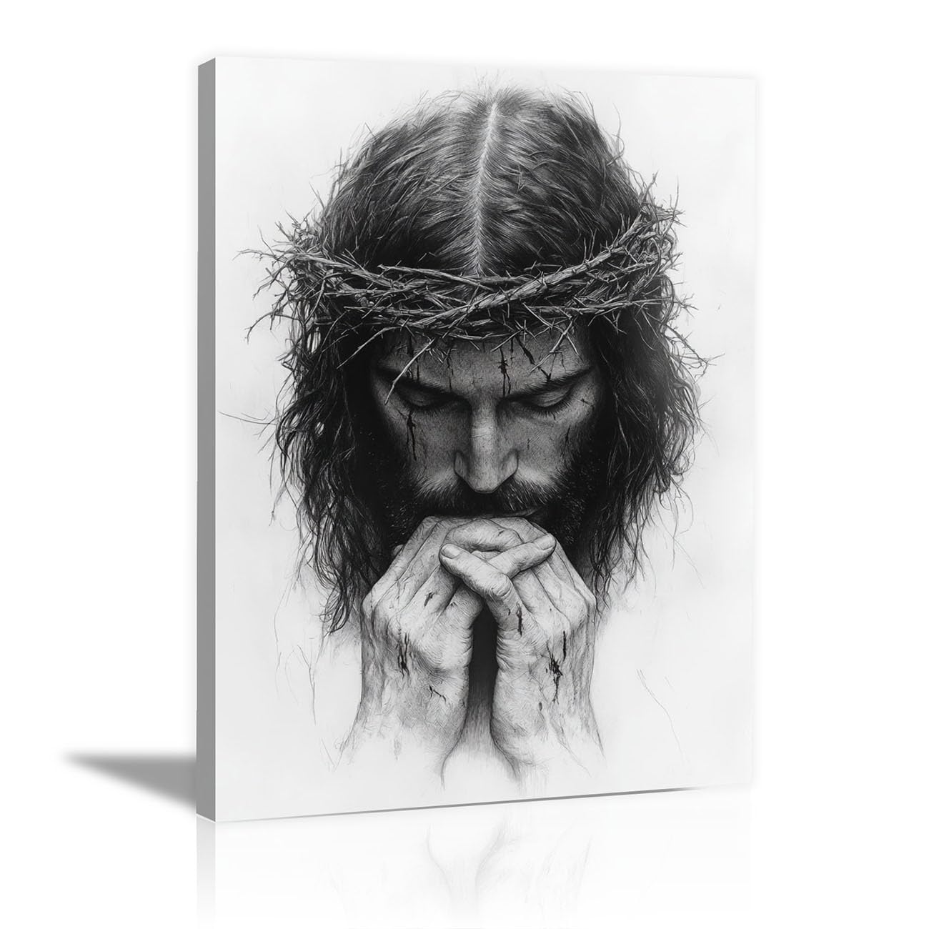 QUSAAOU Canvas Wall Art Jesus Jesus in Prayer icture Christianity Cross Poster Print Painting for Living Room Bedroom Prayer Room Home Decorate(black white)-70x100cm Framed