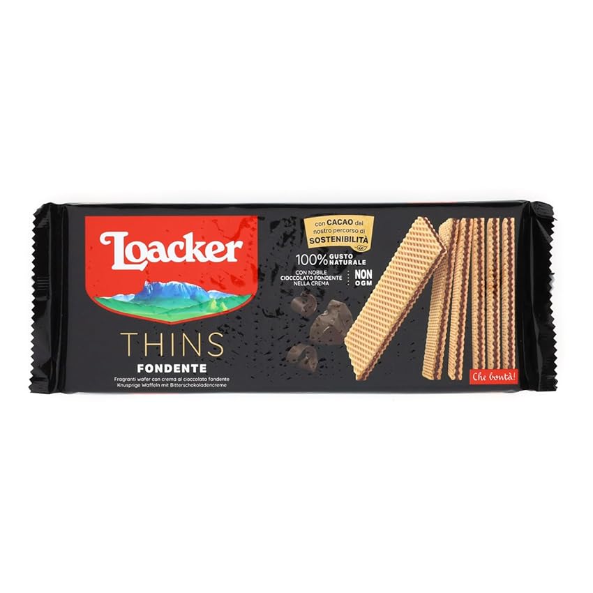 Loacker - Wafer Thins Fondente - Wafer Sottile e Fragrante con due Strati di Cialde Farcite con uno Strato di Crema al Cioccolato Fondente – Colazione - Merenda e Snack - 1 Confezione da 150g