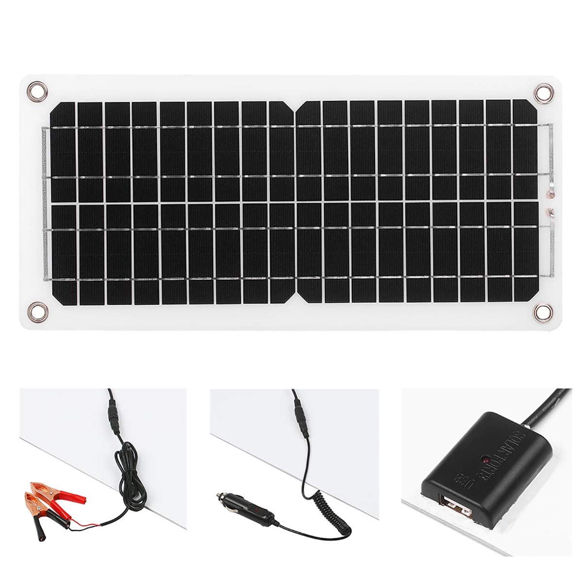 Kit de cargador de batería portátil de 12 V 10 W, con cable de carga, clip de cable, adaptador, cargador de energía solar accesorios para coche, barco, caravana, caravana