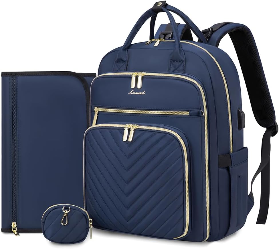 LOVEVOOK Diaper Bag Backpack, Quilted Baby Bag with Changing Pad & Pacifier Holder, Waterproof Travel Diaper Bags with USB Charging Port, Functional Durable Large Capacity, Navy Blue
