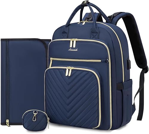 LOVEVOOK Mochila para pañales, bolsa de bebé acolchada con cambiador y soporte para chupete, bolsas de pañales de viaje impermeables con puerto de