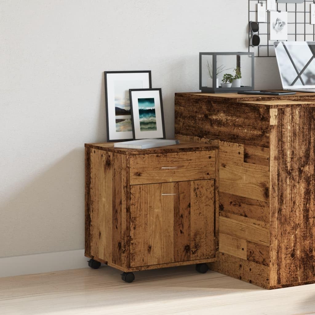 Cassettiera con rotelle, effetto legno anticato, 45 x 38 x 54 cm, con cassetto, vano portaoggetti e armadietto, ideale come armadietto per documenti, ufficio, soggiorno, camera da letto