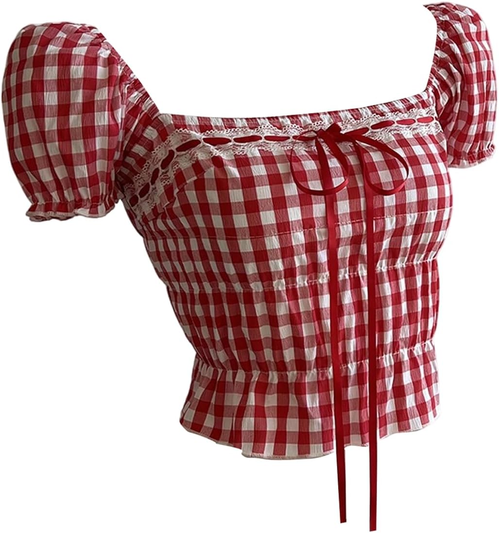 Floerns Women's Y2k Puff Sleeve Blouse Plaid Bow Tie Front Ruffle Hem Going Out Crop Top Red Large