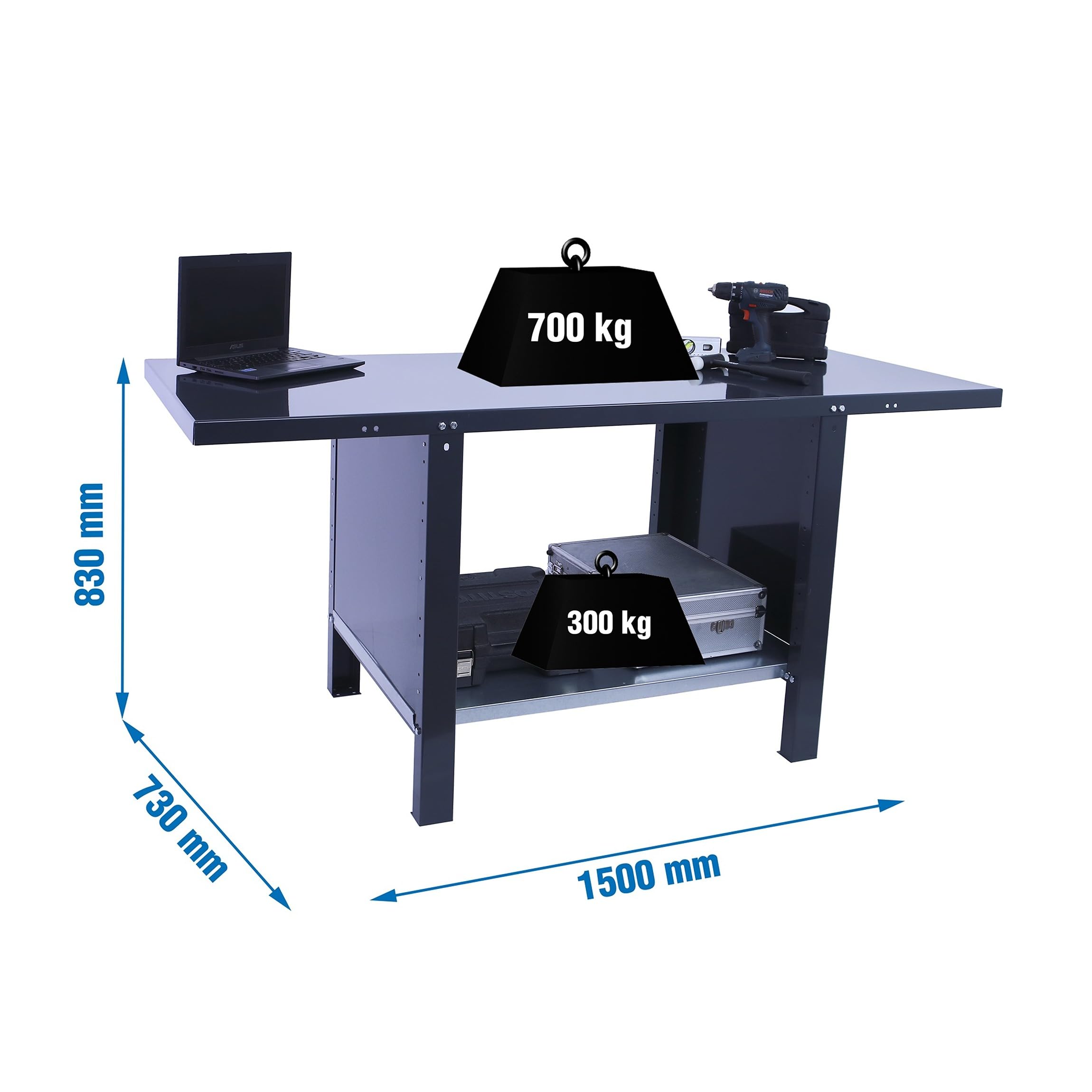 SimonRack Tavolo da lavoro officina, banco di lavoro, extra forte, capacità carico 700 kg, misure 830 x 1500 x 730 mm, antracite