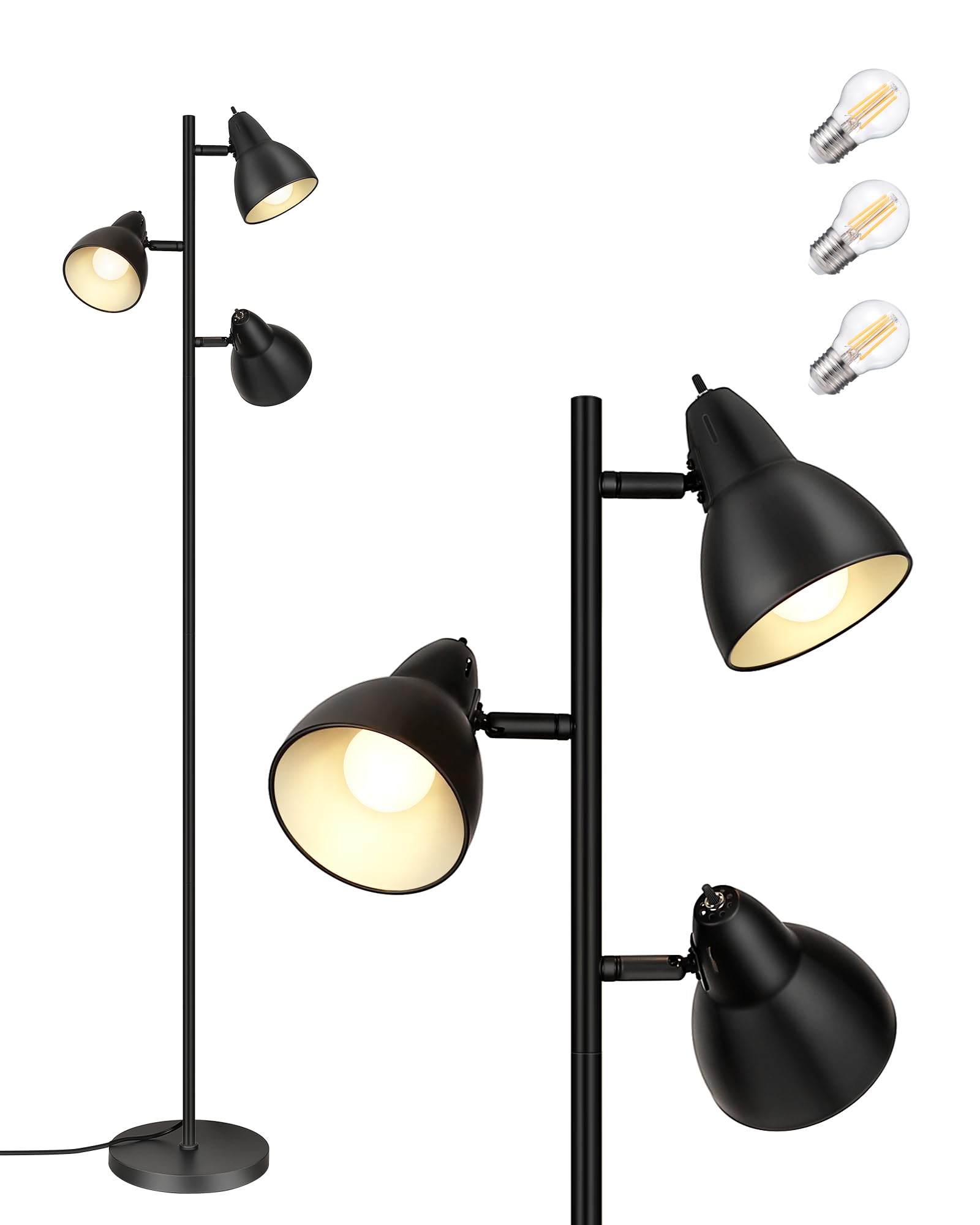 EDISHINE Lampa podłogowa do salonu, wychylna, 3 światła, ściemniana dioda LED | 2700 K ciepła biel, oprawka E27, z pojedynczym przełącznikiem, lampa podłogowa 163 cm do sypialni i biura, czarna