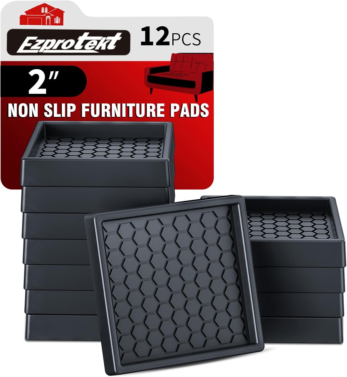 Ezprotekt Non Slip Furniture Pads, 12 Pcs 2" Anti Slip Rubber Caster Cups, Anti Skid Furniture Coasters for Hardwood Floors, No Slide Furniture Gripper, Furniture Stoppers to Prevent Sliding (Black)