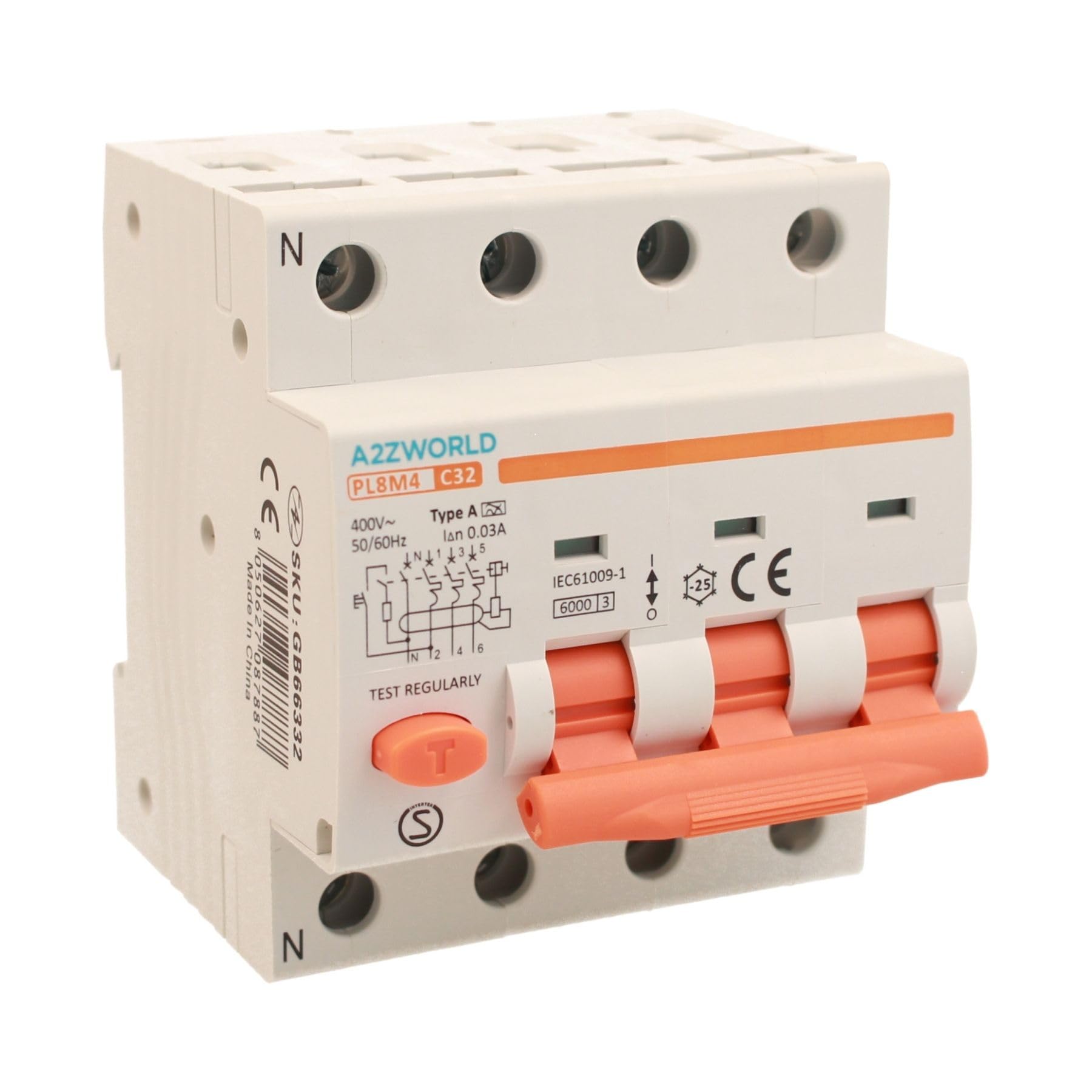 Interruptor diferencial magnetotérmico trifásico tipo A, 32 A C32, RCBO 3P+N 6 kA 30 mA Curva C 380 V, 4 módulos DIN, serie PL8M4 profesional electromagnética