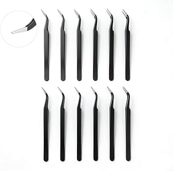 12 Pieces Tweezers for Crafting Stainless Steel Curved Pointed Tweezers with Protective Cover for Rhinestones Dried Flowers Craft Stickers Eyelash Extension Jewelry MakingBlack