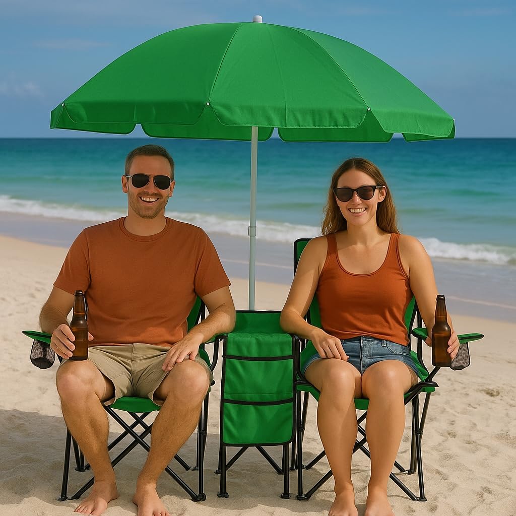 GoTEAM! Portable 2-Seat Folding Camp Chair with Cooler, Umbrella & Cup Holders – Outdoor Picnic, Beach, or Tailgate Seating – Carry Case Included