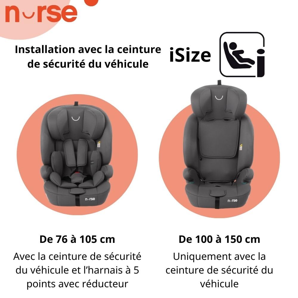 Nurse by Jané Grip Siège Auto i-Size 76–150 cm, 2–12 Ans, Sans Isofix, Installation Ceinture, 9 Positions, Groupe 1 2 3, Gris